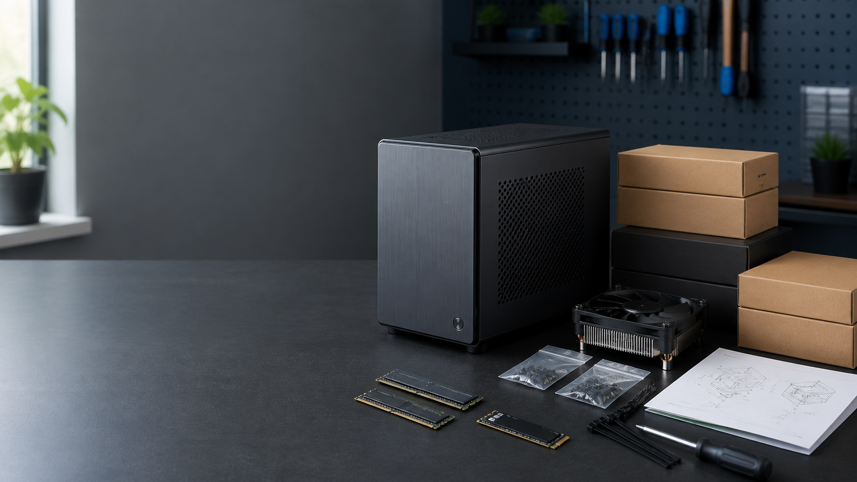 Concept view of a Ready Rigs DIY compact PC kit with case, motherboard, memory, storage, power supply, screws, and assembly guide on a workbench