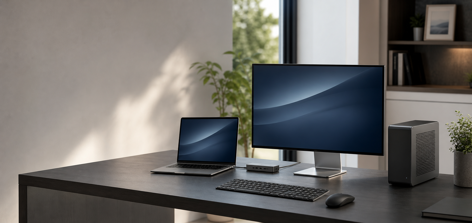 Sunlit modern home-office desk with a monitor, laptop, compact computer, keyboard, mouse, and USB-C hub