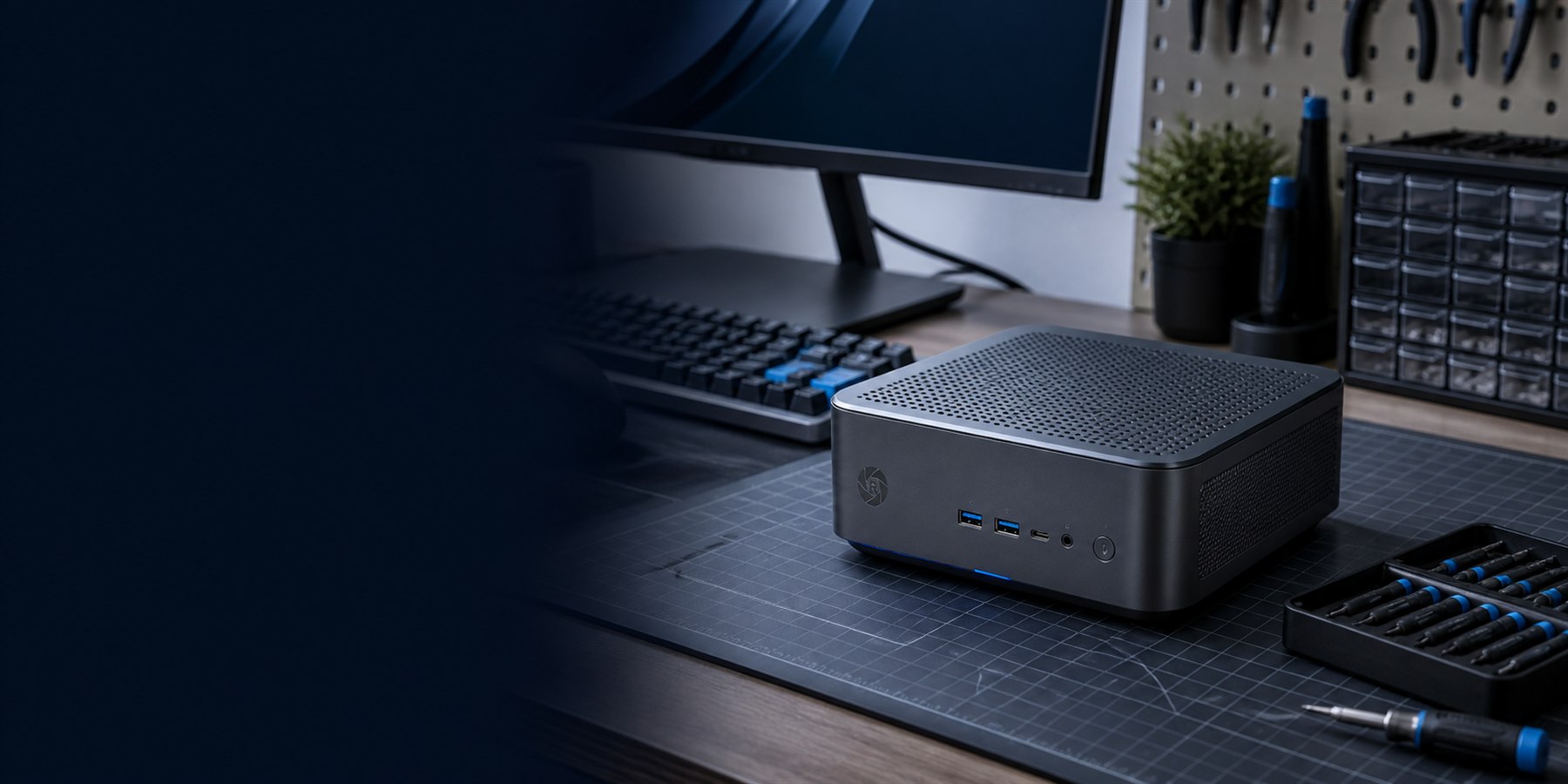 Concept image of a compact ReadyRigs computer on a workbench